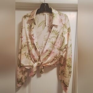 Guess Floral Tie-Front Shirt in Pink and Green (Size XL)